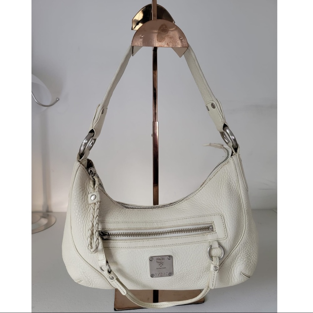 MCM Cream Leather Small Shoulder Hobo Bag
